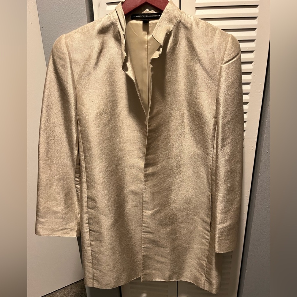 Silk Dinner coat . Silver metallic .